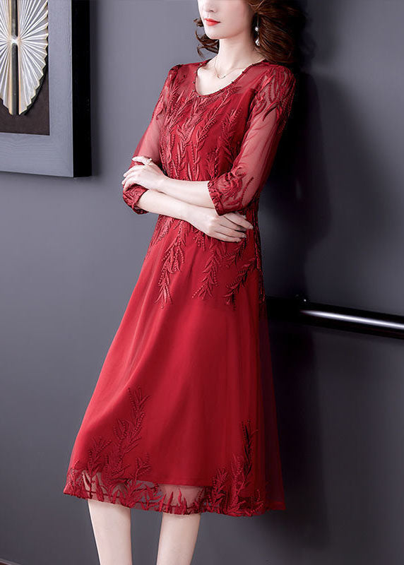 Modern Red Embroideried Slim Fit Tulle Long Dresses Vestidos Half Sleeve