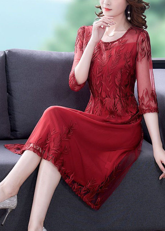 Modern Red Embroideried Slim Fit Tulle Long Dresses Vestidos Half Sleeve