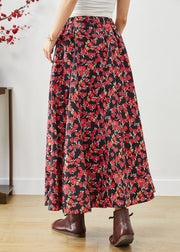 Modern Red Floral Print Exra Large Hem Cotton Skirts Fall