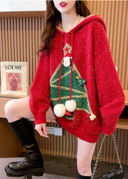 Modern Red Hooded Oversized Christmas Theme Knit Sweater Tops Winter