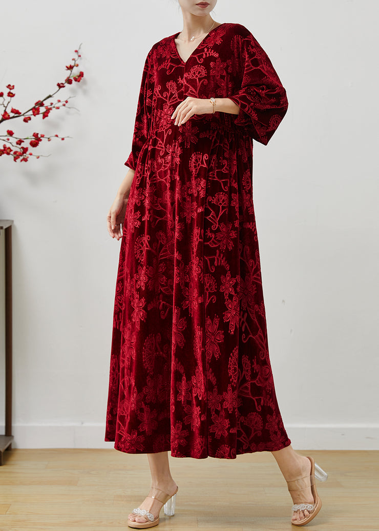 Modern Red Jacquard Silk Velvet Holiday Dress Fall