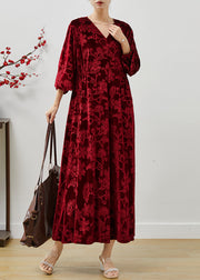 Modern Red Jacquard Silk Velvet Holiday Dress Fall