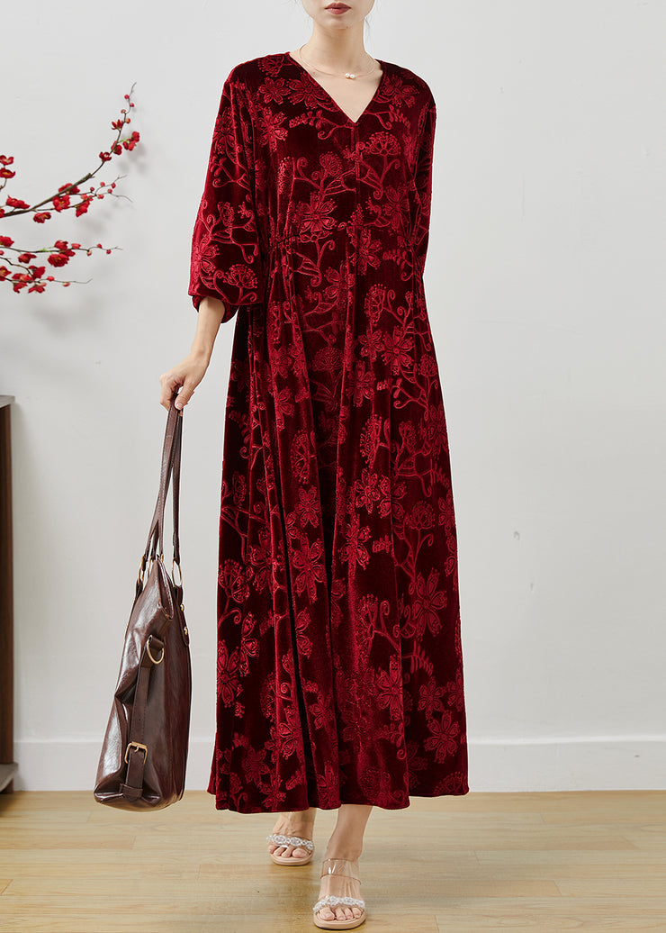 Modern Red Jacquard Silk Velvet Holiday Dress Fall