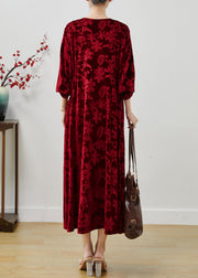 Modern Red Jacquard Silk Velvet Holiday Dress Fall