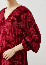 Modern Red Jacquard Silk Velvet Holiday Dress Fall