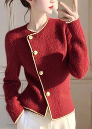 Modern Red O Neck Button Knit Slim Fit Coat Spring