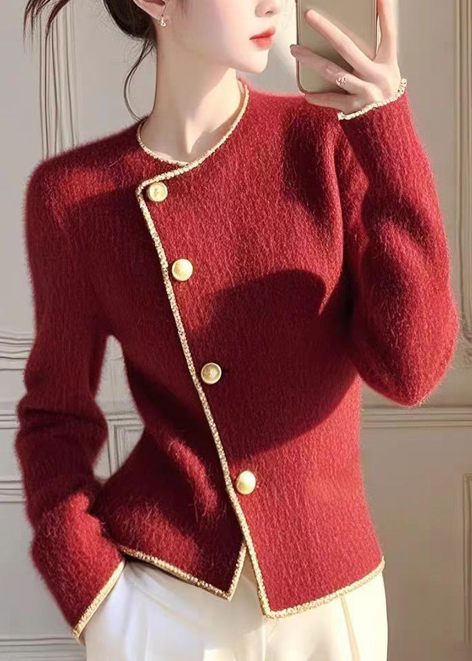 Modern Red O Neck Button Knit Slim Fit Coat Spring