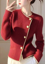 Modern Red O Neck Button Knit Slim Fit Coat Spring