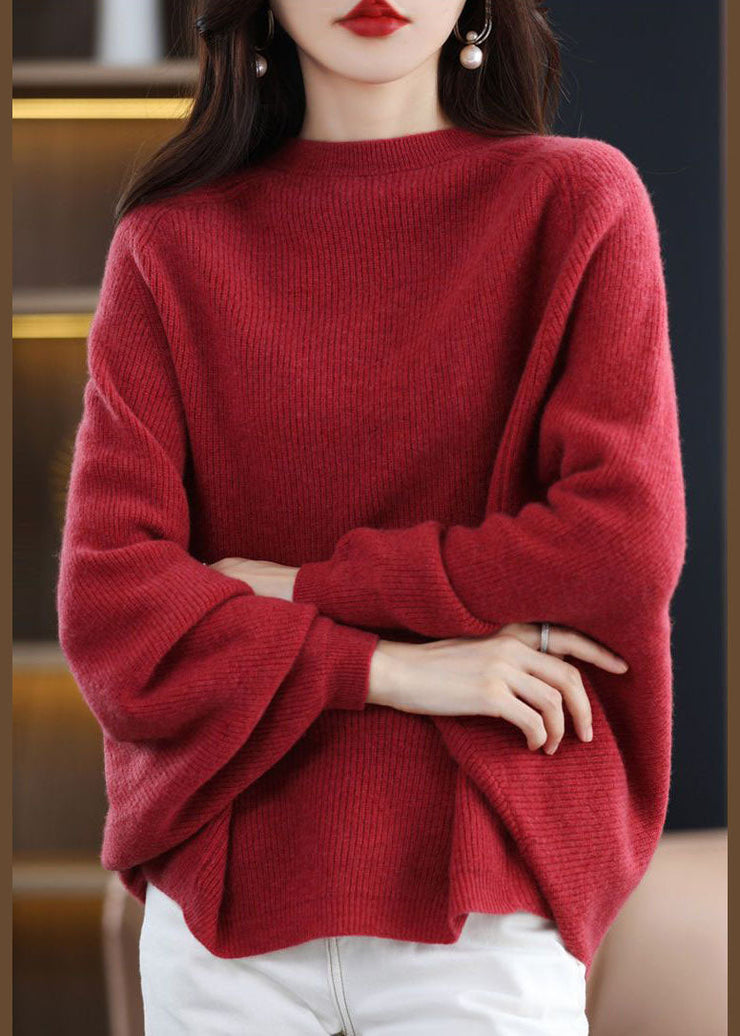 Modern Red O-Neck Oversized Wool Knit Sweater Tops Batwing Sleeve