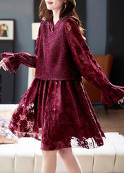 Modern Red O-Neck Patchwork Fake Two Pieces Long Dresses Spring