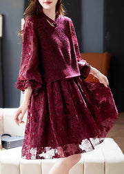 Modern Red O-Neck Patchwork Fake Two Pieces Long Dresses Spring