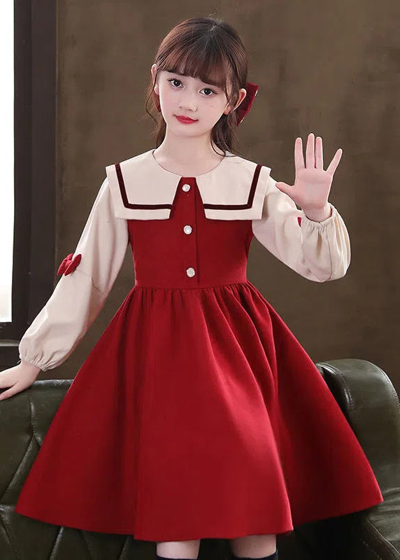 Modern Red O-Neck Patchwork Kids Long Dresses Long Sleeve