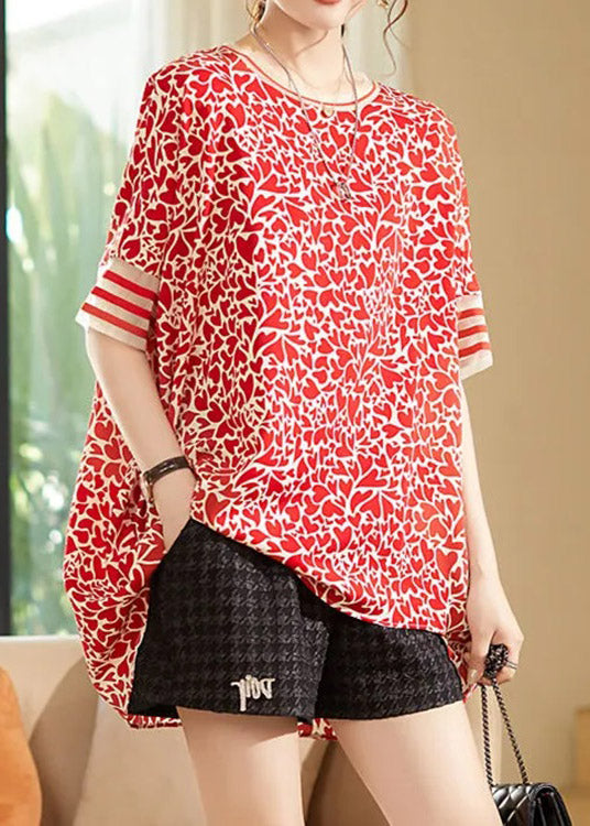 Modern Red O-Neck Print Low High Design Chiffon Tops Short Sleeve