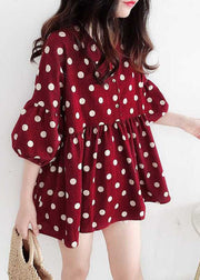 Modern Red Peter Pan Collar Dot Print Wrinkled Cotton Top Spring