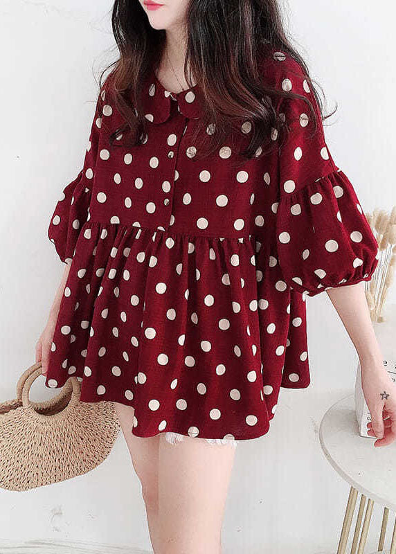 Modern Red Peter Pan Collar Dot Print Wrinkled Cotton Top Spring