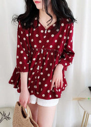 Modern Red Peter Pan Collar Dot Print Wrinkled Cotton Top Spring