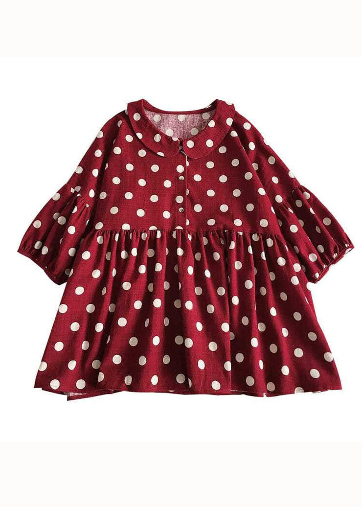 Modern Red Peter Pan Collar Dot Print Wrinkled Cotton Top Spring