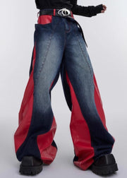 Modern Red Pockets Faux Leather Patchwork Pants Spring