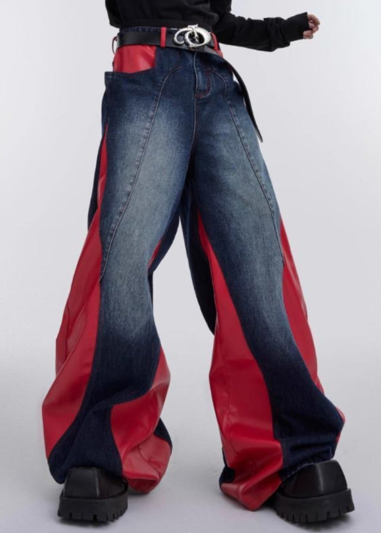 Modern Red Pockets Faux Leather Patchwork Pants Fall