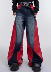 Modern Red Pockets Faux Leather Patchwork Pants Spring