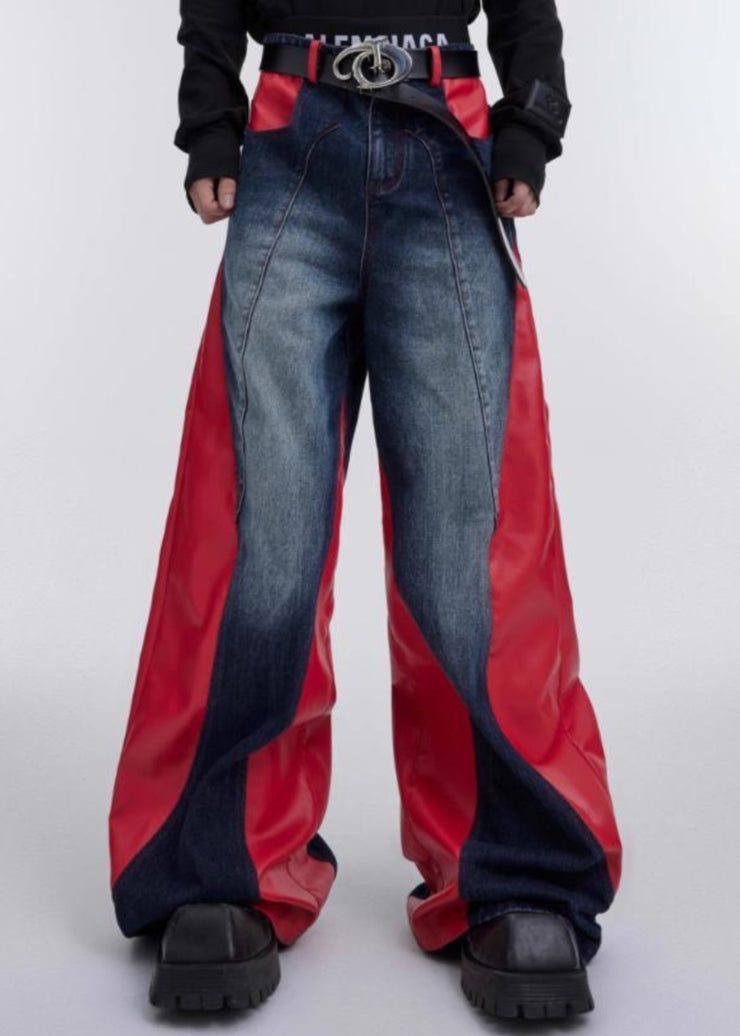 Modern Red Pockets Faux Leather Patchwork Pants Fall