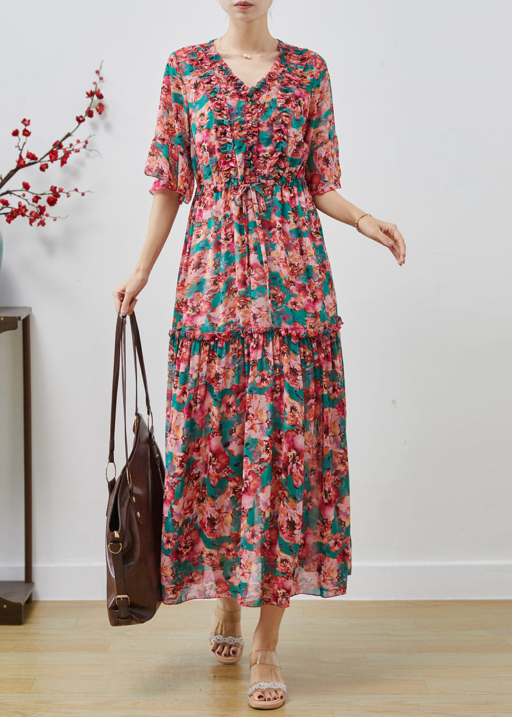 Modern Red Ruffled Print Chiffon Maxi Dresses Summer