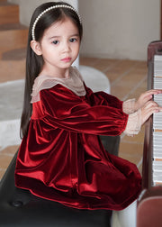 Modern Red Ruffled Silk Velour Kids Long Dress Winter