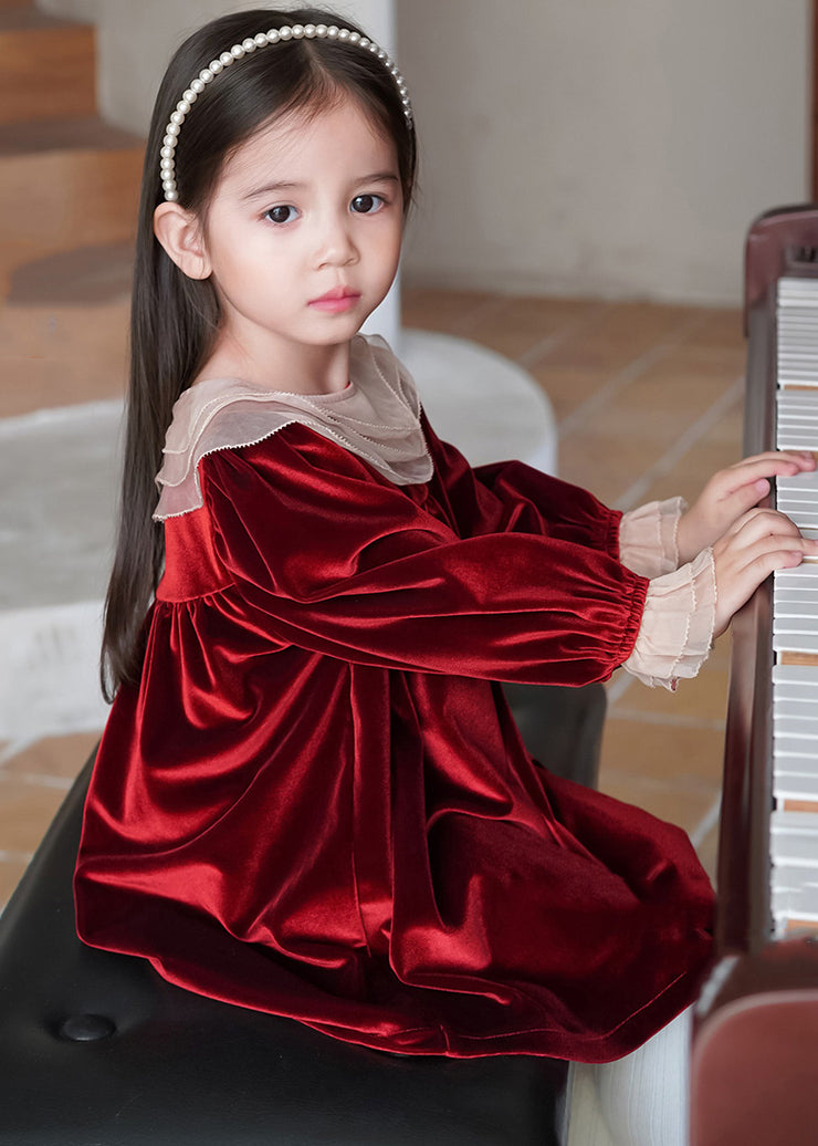 Modern Red Ruffled Silk Velour Kids Long Dress Winter