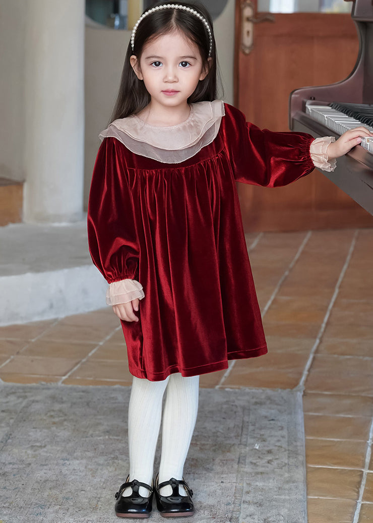 Modern Red Ruffled Silk Velour Kids Long Dress Winter