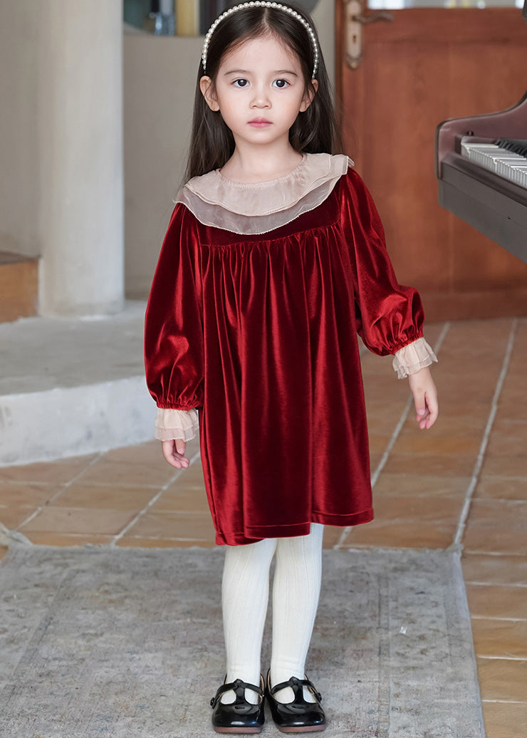 Modern Red Ruffled Silk Velour Kids Long Dress Winter