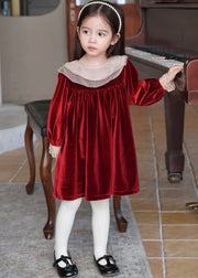 Modern Red Ruffled Silk Velour Kids Long Dress Winter