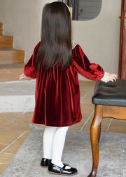 Modern Red Ruffled Silk Velour Kids Long Dress Winter