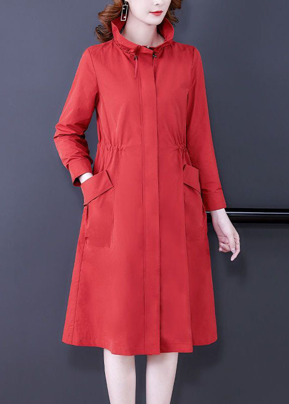 Modern Red Stand Collar Zip Up Silk Coat Outwear Long Sleeve