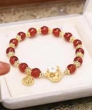 Modern Red Sterling Silver Inlaid Agate Floral Jade Rabbit Chain Bracelet