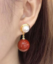 Modern Red Sterling Silver Overgild Inlaid Gem Stone Pearl Drop Earrings