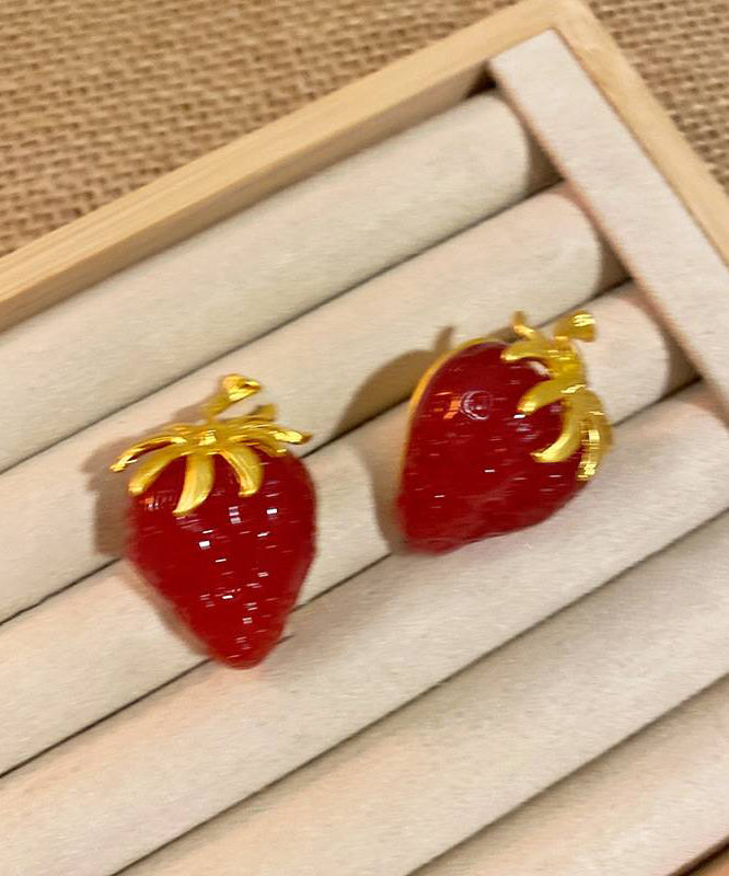 Modern Red Sterling Silver Overgild Strawberries Crystal Stud Earrings