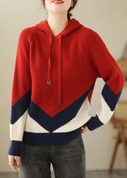 Modern Red Thick Patchwork Hooded Knit Pullover Fall