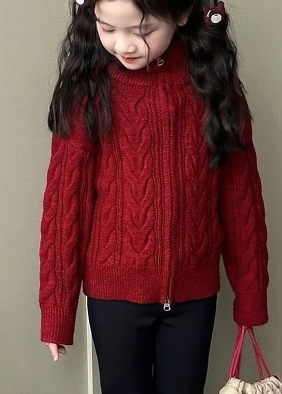 Modern Red Turtleneck Zippered Cotton Knit Kids Cardigans Spring