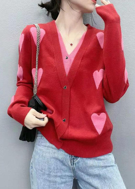 Modern Red V Neck Patchwork Love Jacquard Knit Fake Two Piece Cardigan Spring