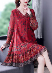 Modern Red V Neck Patchwork Ruffles Print Silk Dresses Long Sleeve