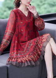 Modern Red V Neck Patchwork Ruffles Print Silk Dresses Long Sleeve