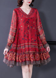 Modern Red V Neck Patchwork Ruffles Print Silk Dresses Long Sleeve