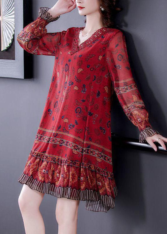 Modern Red V Neck Patchwork Ruffles Print Silk Dresses Long Sleeve