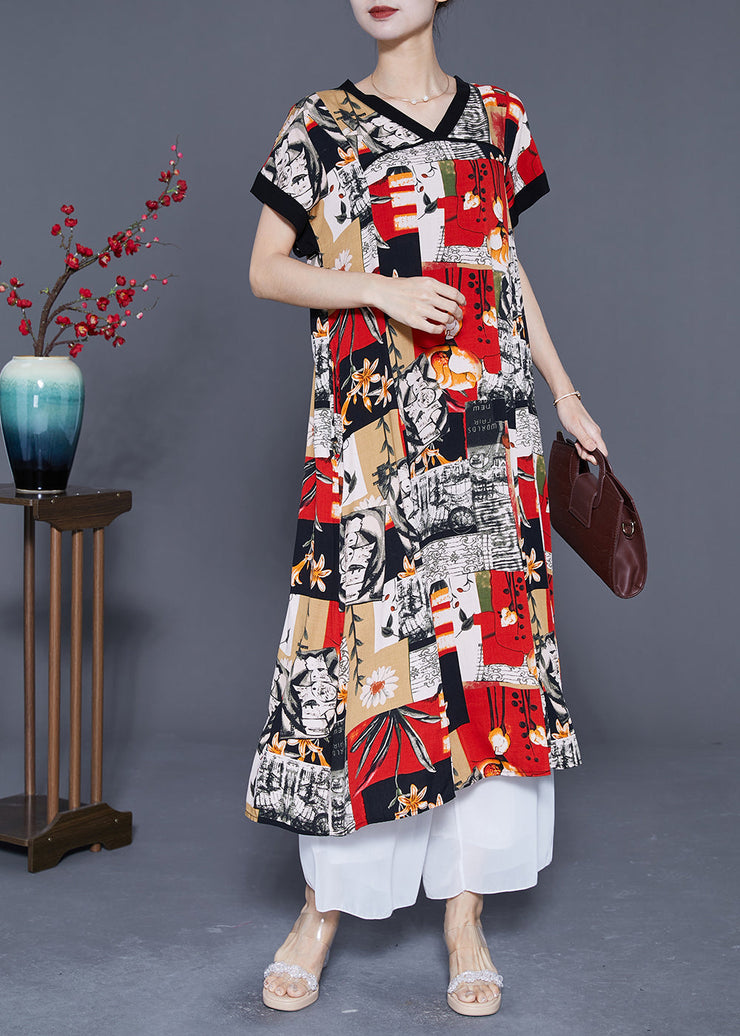 Modern Red V Neck Print Cotton Long Dresses Summer