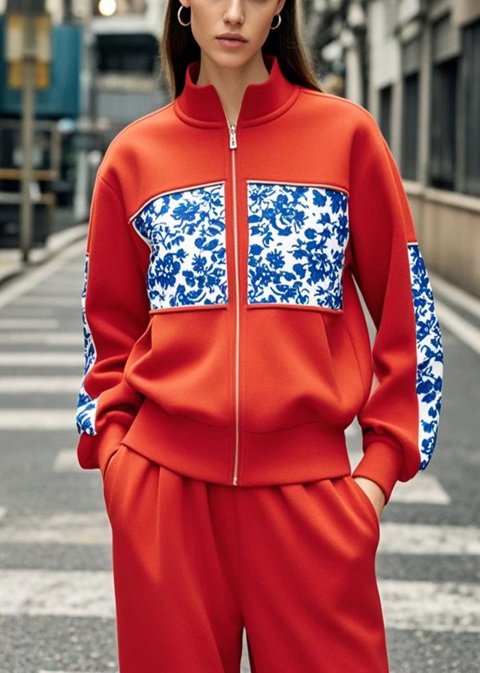 Modern Red Zip Up Patchwork Print Cotton Coats Fall