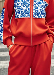 Modern Red Zip Up Patchwork Print Cotton Coats Fall