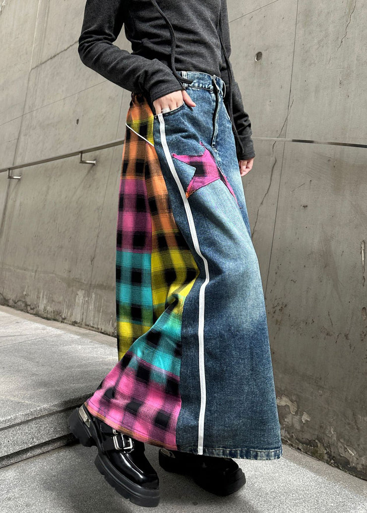 Modern Rose Asymmetrical Elastic Waist Patchwork Denim Skirts