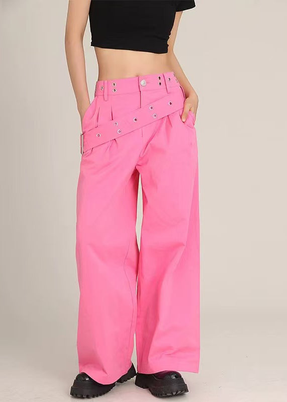 Modern Rose Asymmetrical Pockets High Waist Cotton Pants Spring