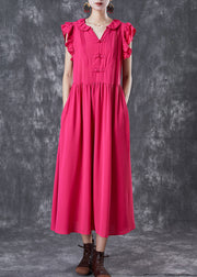 Modern Rose Chinese Button Exra Large Hem Cotton Vacation Dress Petal Sleeve