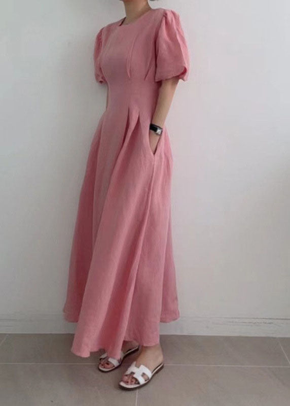 Modern Rose Cinched Wrinkled Linen Long Dress Puff Sleeve